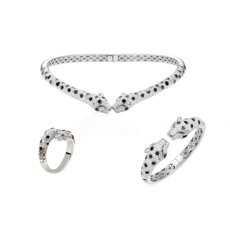 Designer Style Party Ring Bracelet Choker Necklace Inlay Cubic Zircon Black Enamel Spots Double Leopard Panther Jewelry Sets