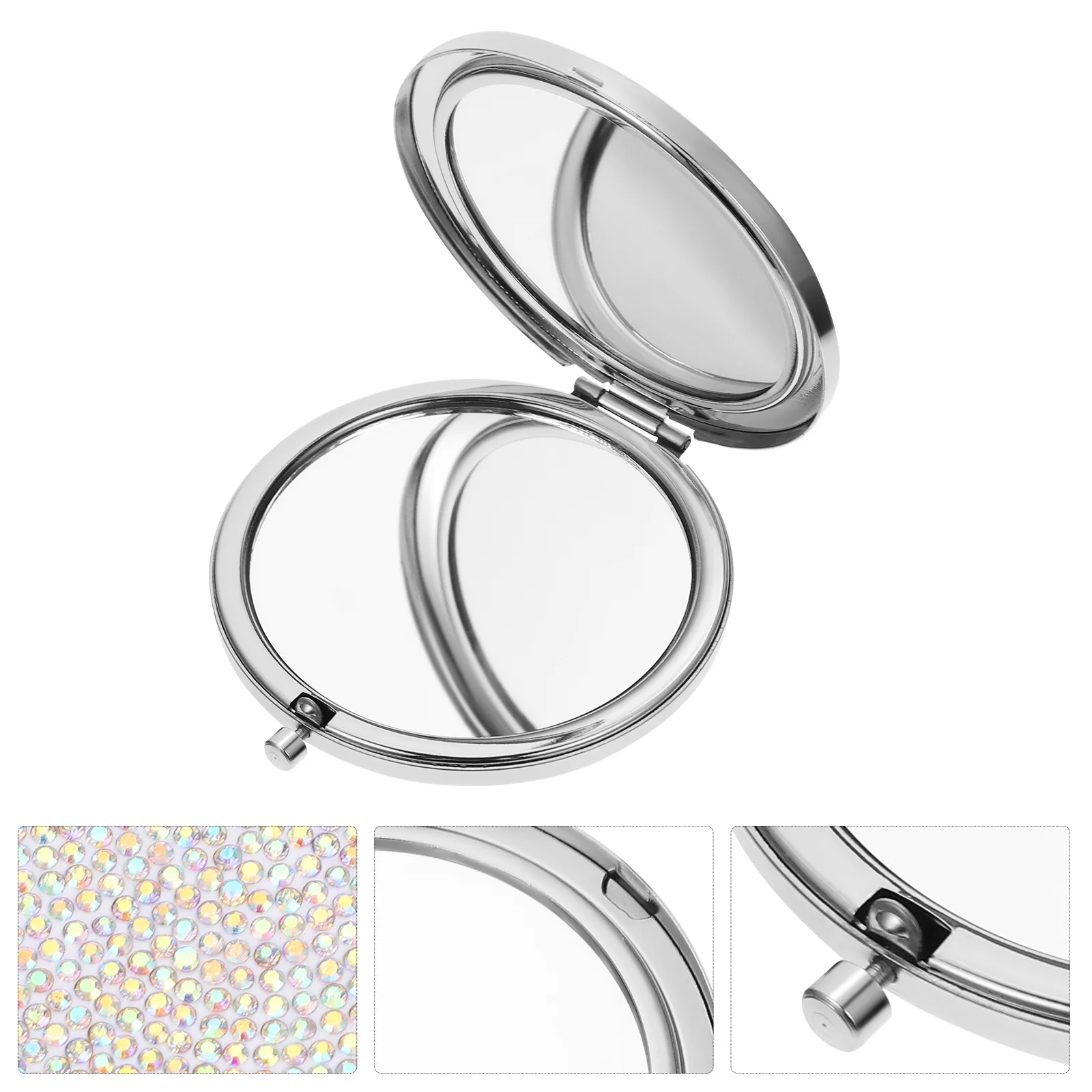 Portable Metal Mirror Rhinestone Encrusted Compact Double Sided Folding Mirror for Outdoor Make Up Travel Pocket Essential