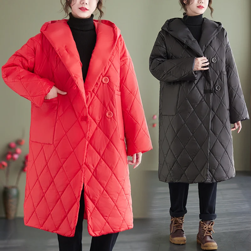 Women\'s Padded Long Jackets Free Shipping Diamond Check Winter Fur Coat with Pile Loose Outerwears Large Size Oversized