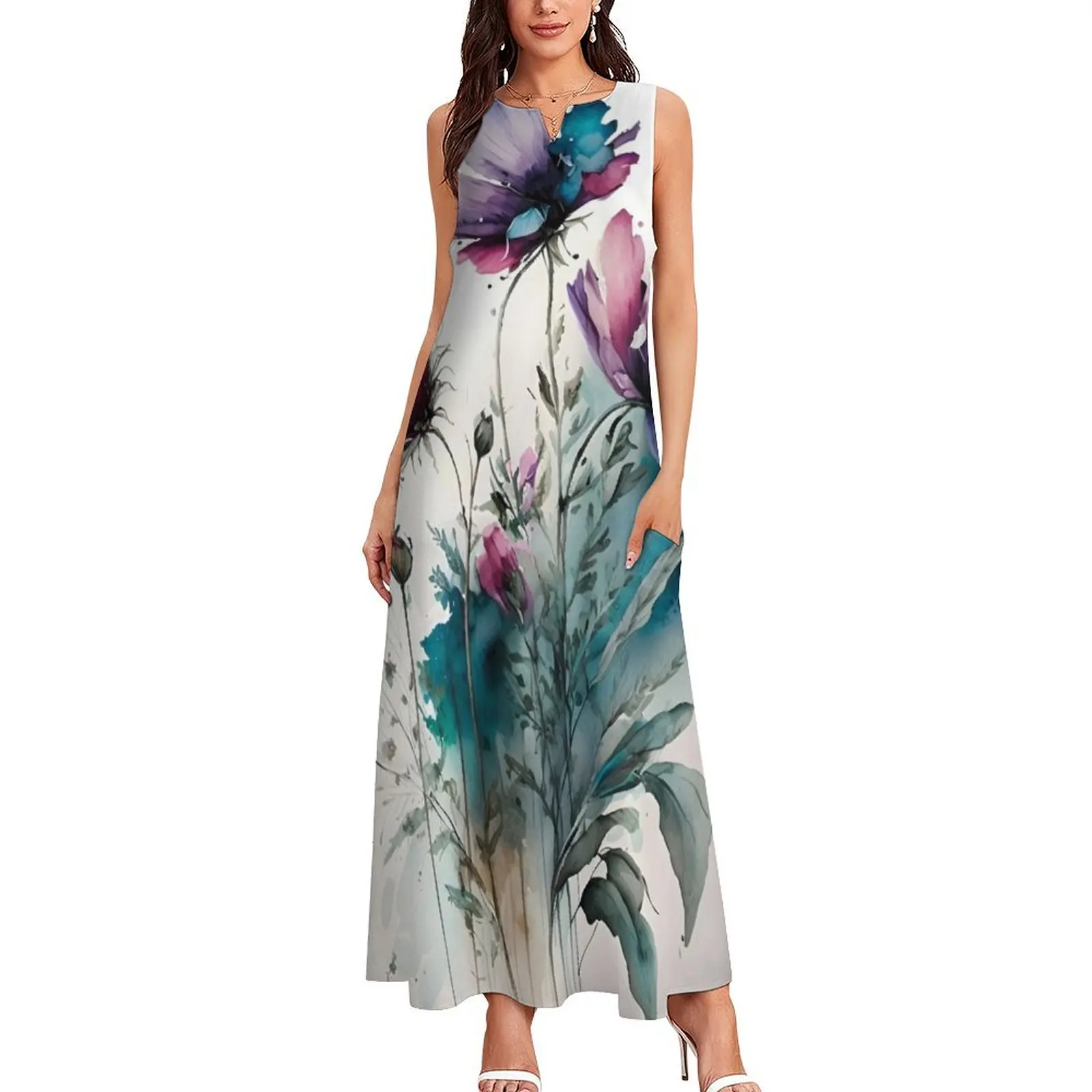 Spring Themed blue Watercolor Flowers, Pretty Garden Art Long Dress Cocktail of dresses prom clothes Dress