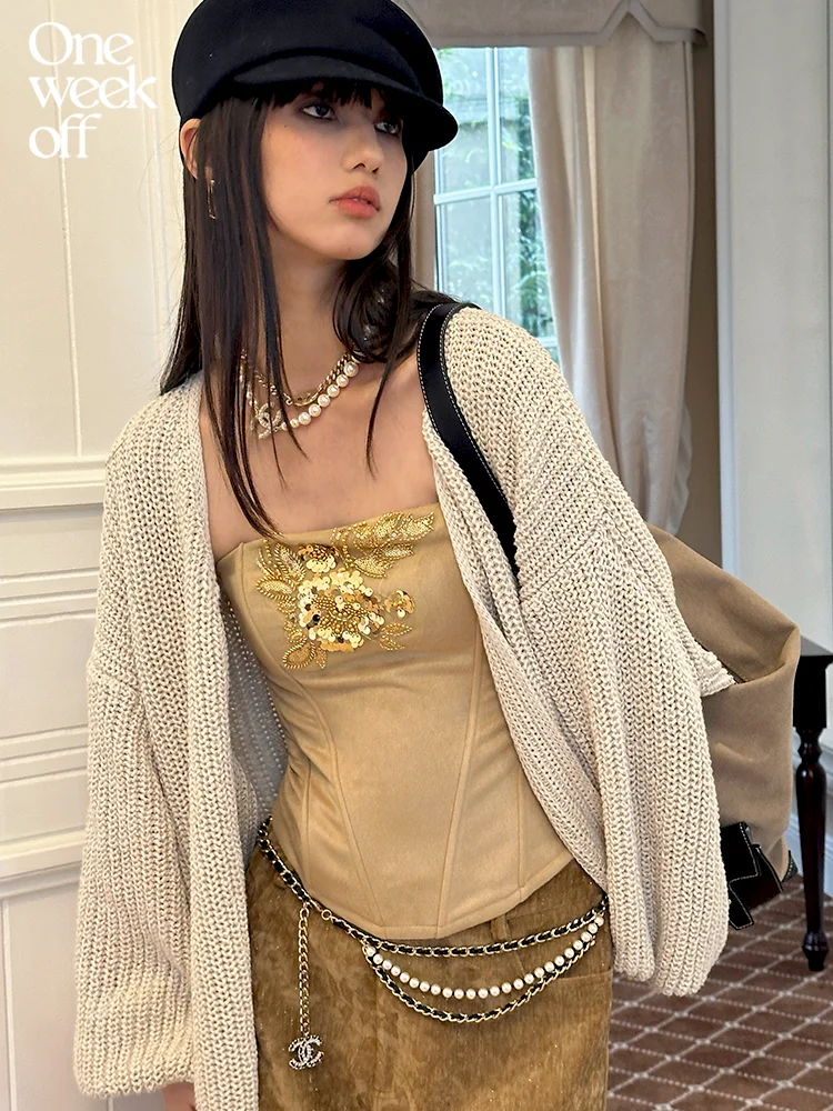 

Oneweekoff эластичный облегающий топ без рукавов с вышивкой из бисера и блестками, женский модный роскошный топ золотого цвета для тяжелых работ