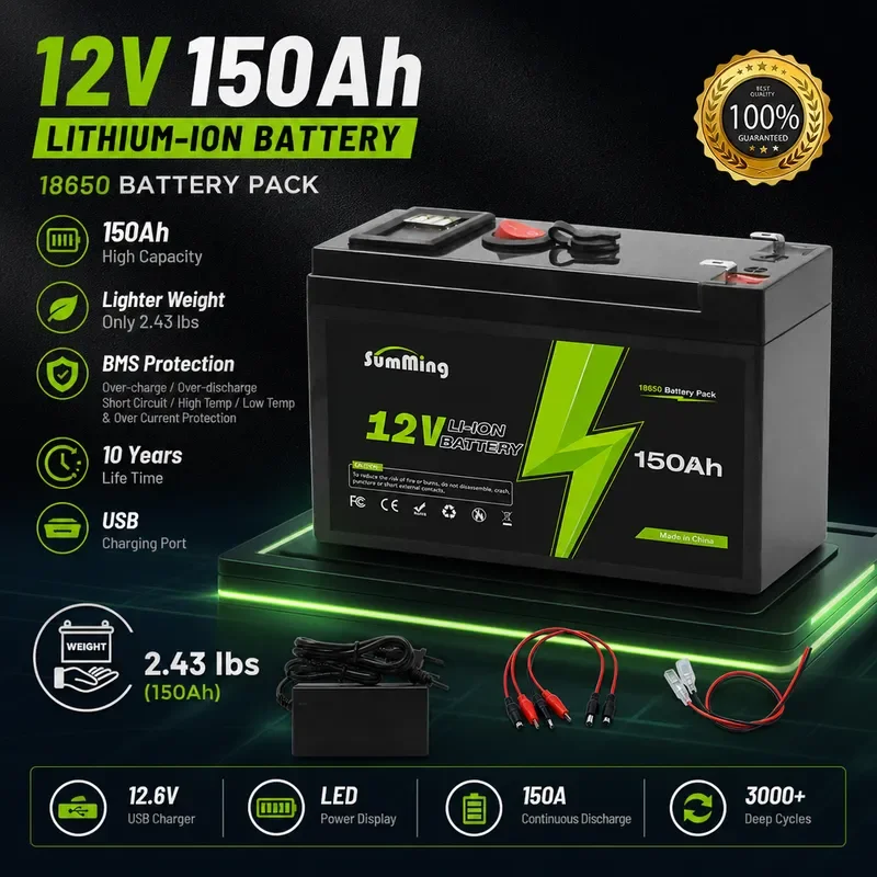 12V 150Ah Lithium Battery for Solar Charging,Fish Finder Marine Outdoor Camping Off-Grid Applications with USB Port