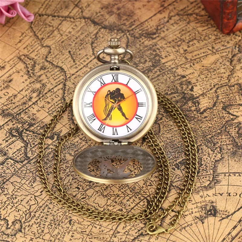 Antique Hollow Twelve Constellation Roman Number Dial Women Men Bronze Quartz Pocket Watch Necklace Sweater Chain Birthday Gift