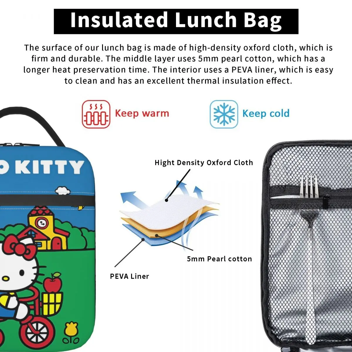 Hello Kitty-fiambrera portátil con aislamiento para bicicleta, bolsa enfriadora para guardar comida al aire libre, ideal para la escuela