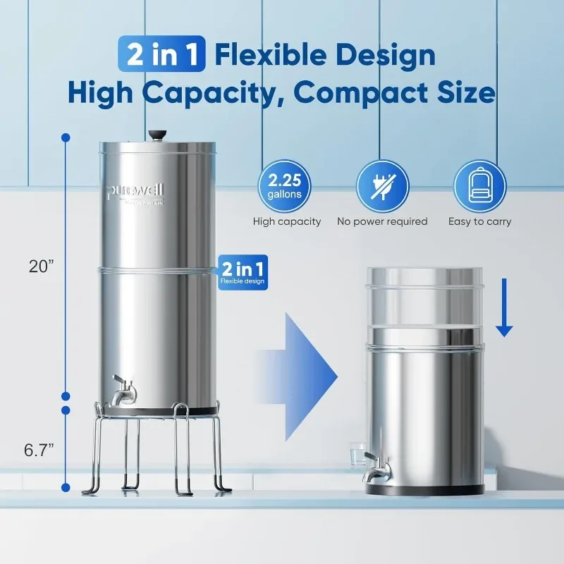 Purewell 3-stopniowy system filtra wody o bardzo filtracji grawitacyjnej 0,01 μm, certyfikat NSF/ANSI 42 i 372, licznik ze stali nierdzewnej 304