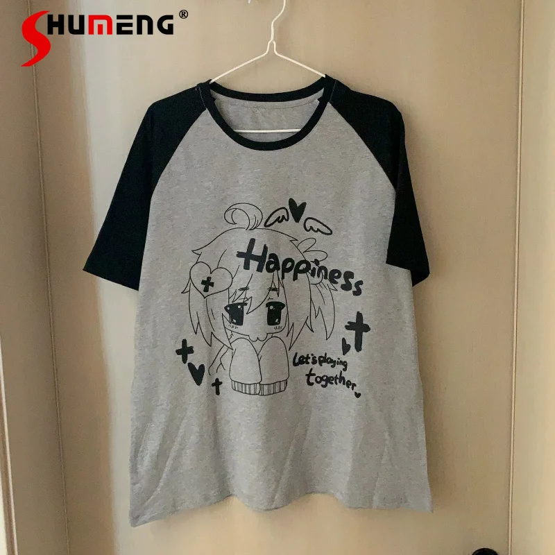 

Japanese Sweet Cute Kawaii Daily Outfit Tees Printed Raglan Sleeves Color Block Loose Short Sleeved Pullover T Shirt Women Girls