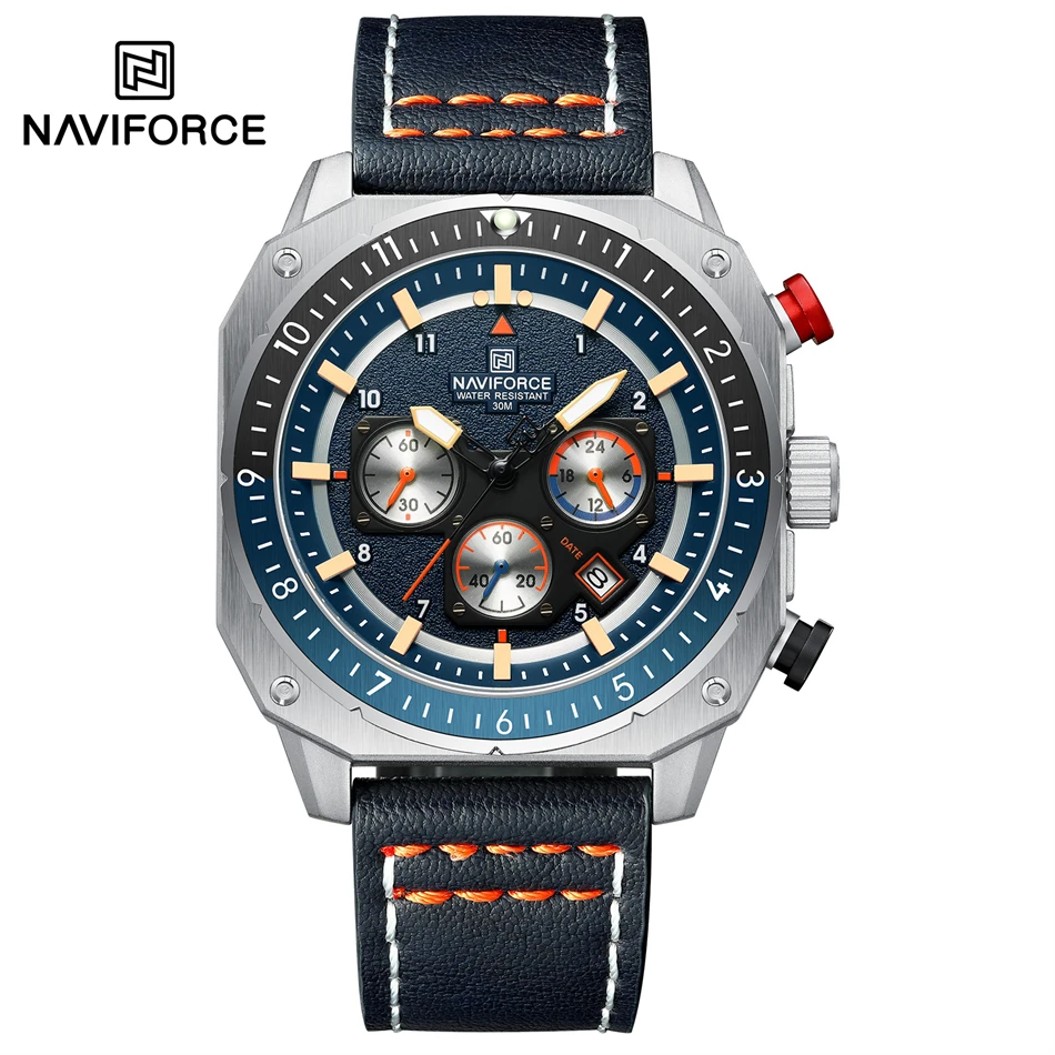 NAVIFORCE Sport-Multifunktions-wasserdichte Uhren für Herren, modisches Leder, Luxusmarke, Quarz, analog, leuchtend, quadratisch, Armbanduhr 8