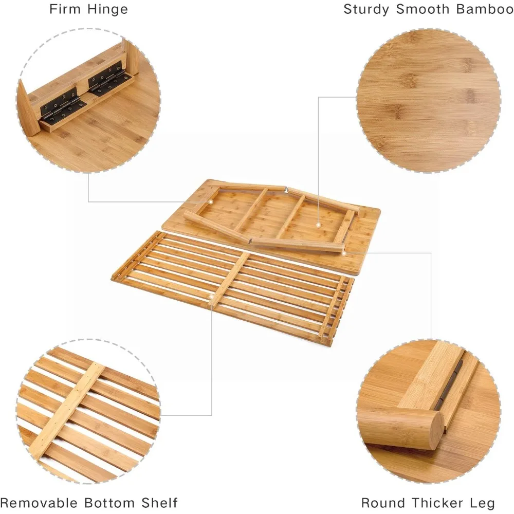 Mid-Century Foldable Bamboo Coffee Table with Open Storage Shelf for Living Room, Suitable as a TV Stand