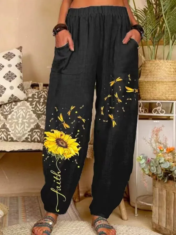 Women's Summer Fashion Versatile Loose Casual Printed Sunflower Elastic Waist Nine-Point Pants