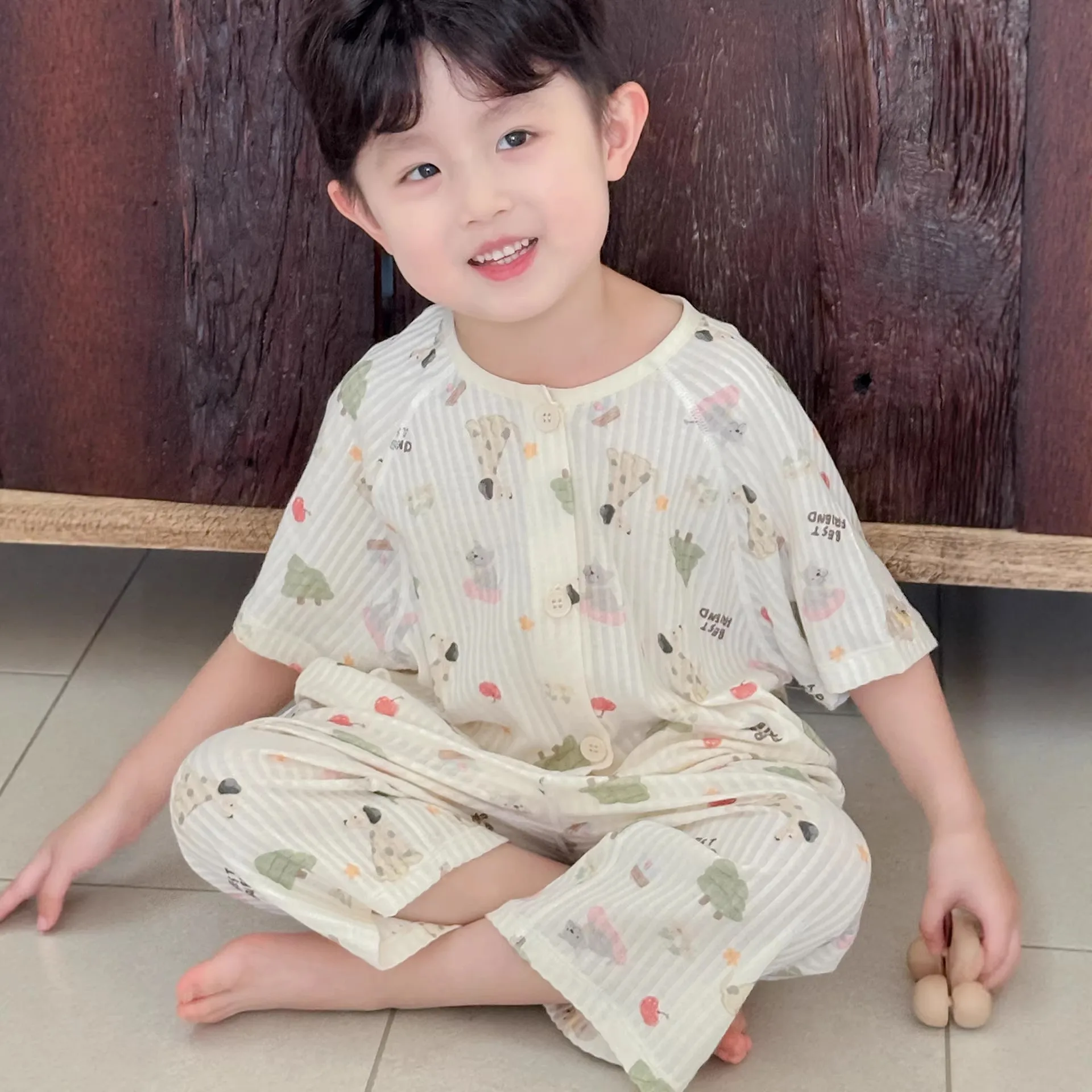 Boys Summer Thin Breathable Cotton A-level Children Cardigan Air-conditioned Home Clothes Baby Short Sleeved Two Piece Set