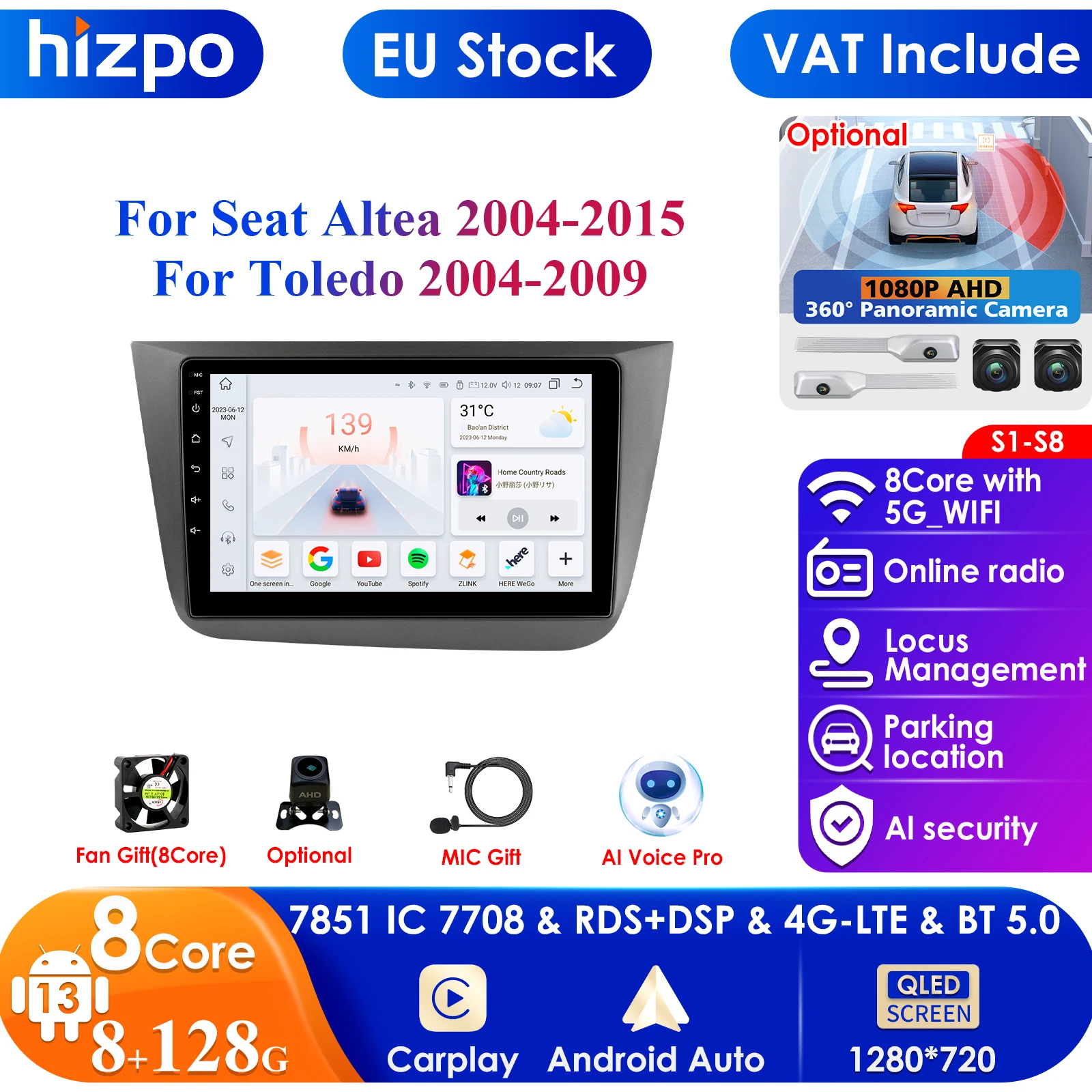 9'' 7862 Intelligent Screen 2din Android Car Radio Multimedia Video Player for Seat Altea for Toledo GPS Nav Carplay Auto 4G RDS