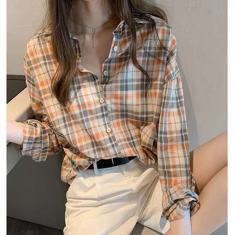

Autumn New Vintage Artistic Plaid Women's Shirt Gentle Style Thin Loose Fashionable Long Sleeve Cotton Shirt for Ladies