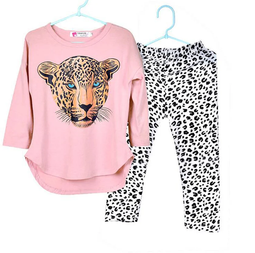 2023 Girls Print Leopard Pattern Outfit 2pcs Long Sleeve Top & Pants Set Kids Clothes For Spring Autumn Casual Children Clothing