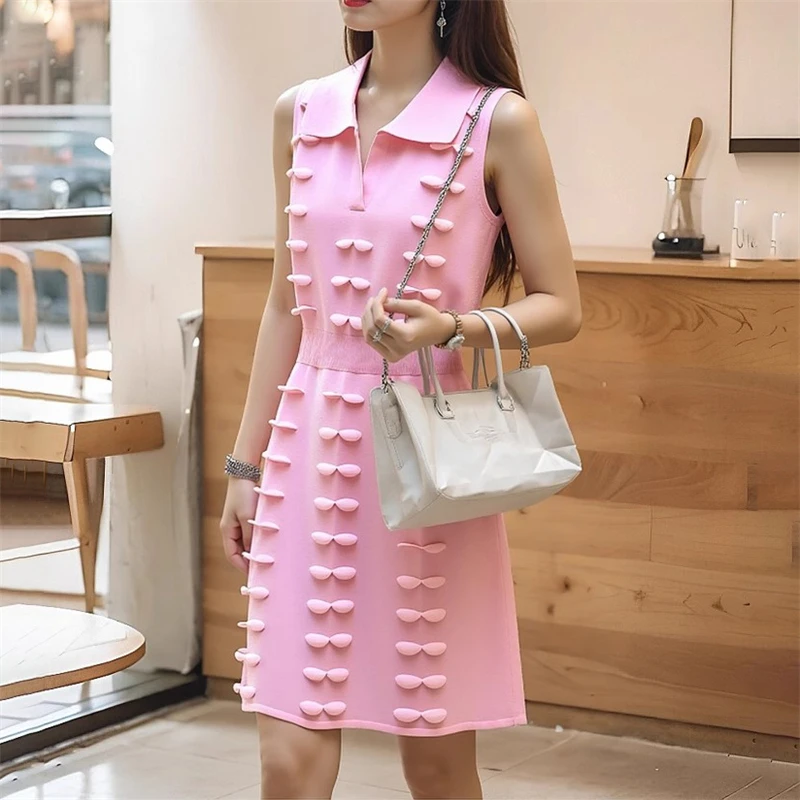 Summer New Women's Gold Thread 3D Lace Collar High Waist Dress Y2K High Quality Fashion Casual Sleeveless Knitted Dress