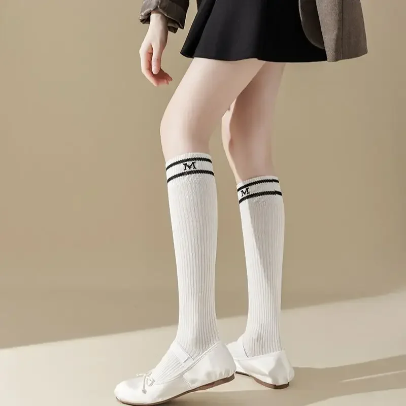 Girls Long Socks Stocking Letter Embroidery Cotton Women Stockings Japanese Style School Black White Gray Knee Socks Solid Color