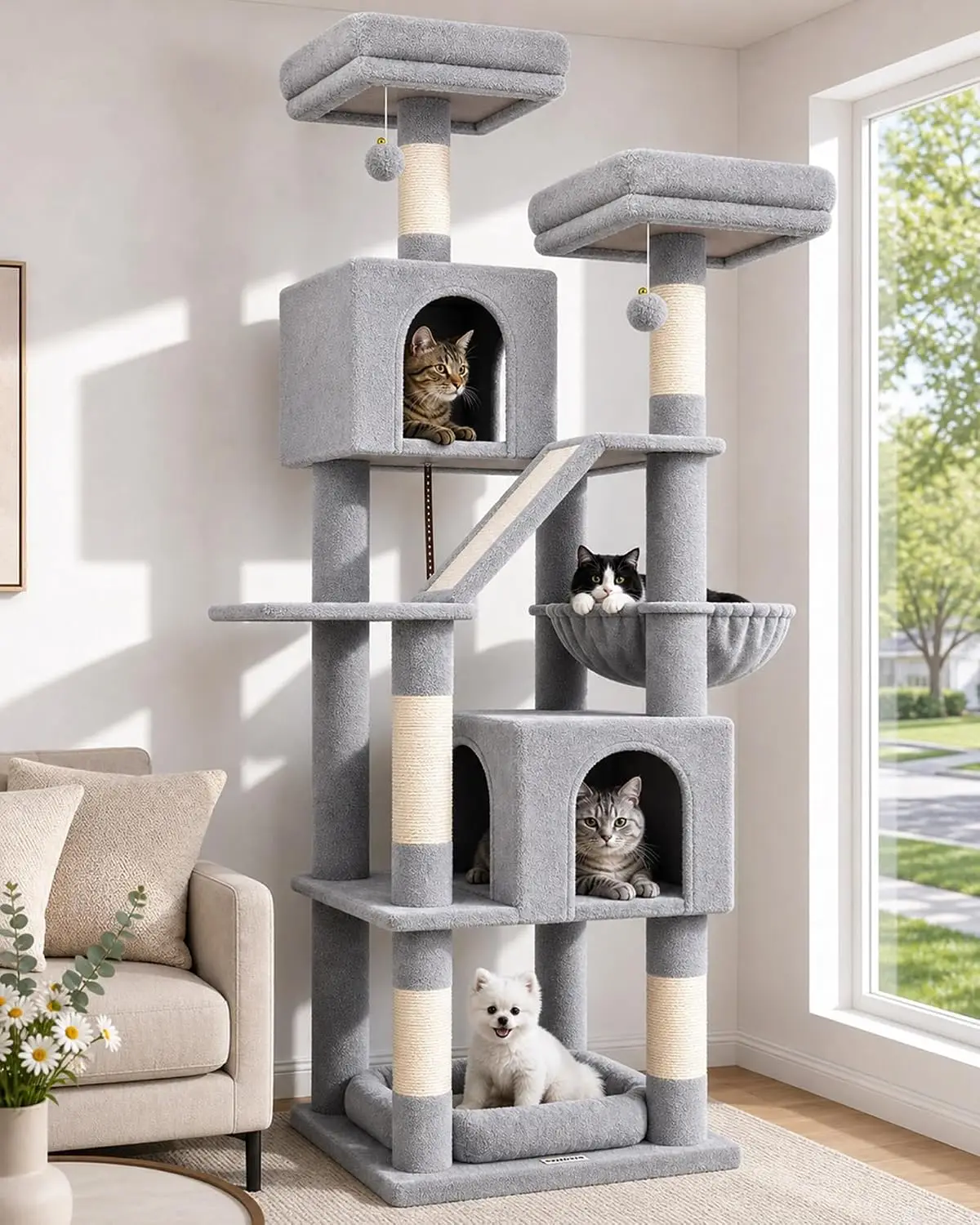 Globlazer F74D Árbol rascador para gatos grandes de más de 9 kg, torre de 188 cm de altura, gris claro | Fácil Montaje, Maine Coon, Gatos Grandes, 2 Condominios, S