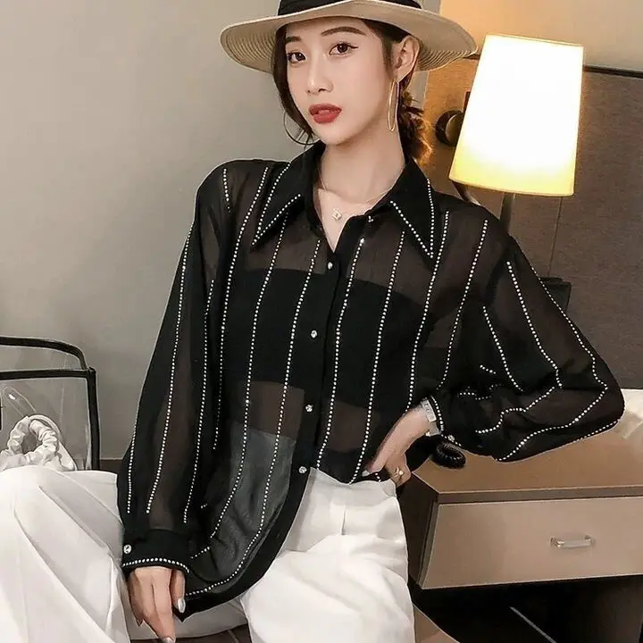 Diamond Striped Chiffon Blouse Women Spring Summer Fashion Loose Long-Sleeved Shirt Top q306