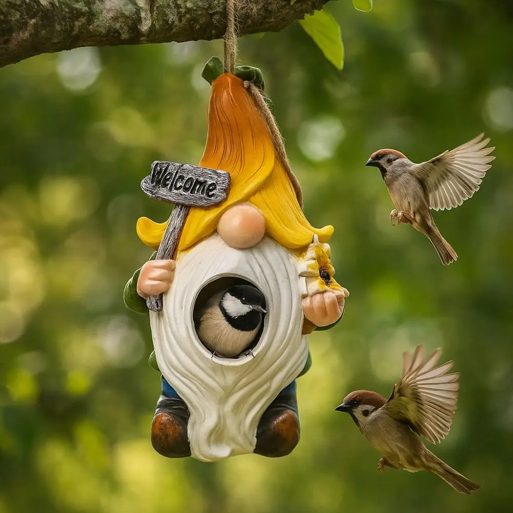 Поделки из смолы, белый бородатый гном, птичий домик, вентиляционные отверстия, устойчивый к атмосферным воздействиям ящик для гнездования диких птиц, кормушка для птиц ручной работы, хижина