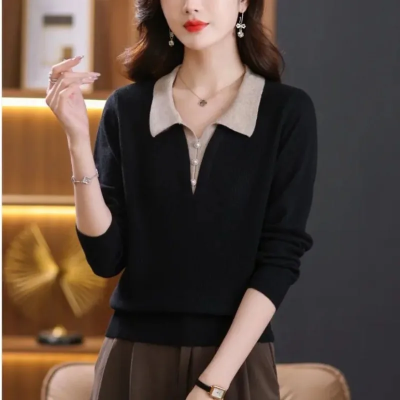 Jersey de punto con cuentas para mujer, Jersey elegante Vintage a rayas con retales, Jersey de manga larga con cuello tipo Polo, Tops