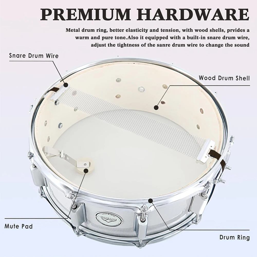 SLADE 14 Inch Snare Drum Blue/Silver Metal Professional Snare Drum with Strap Adjusting Key Drumsticks Bracket  Aceessories