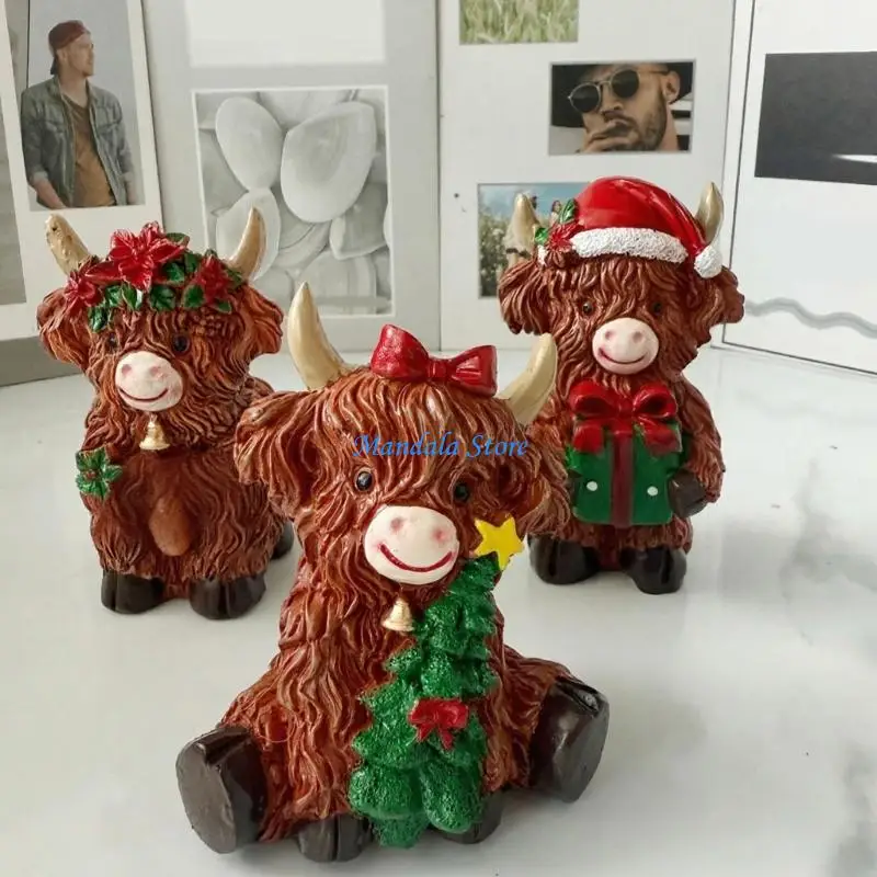 U2JC Realistic Highlands Cow Animal Figurines Resins Animal Statue Ornament for Table