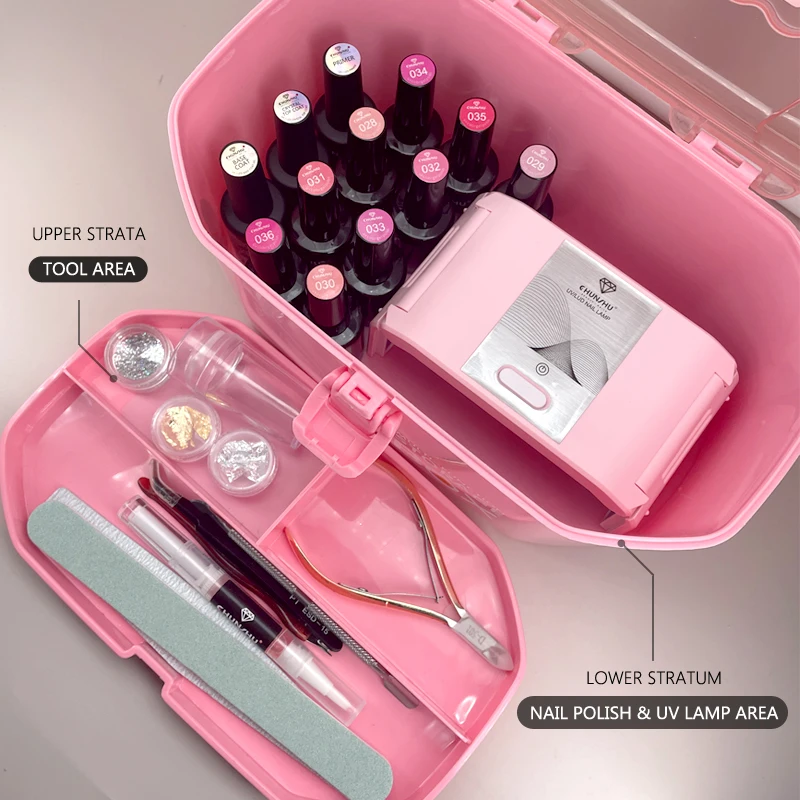 Pink Double-layer Nail Art Tool Container Empty Multi Functional Organizer Storage Box For Gel Nail Polish Clippers Nail Brush