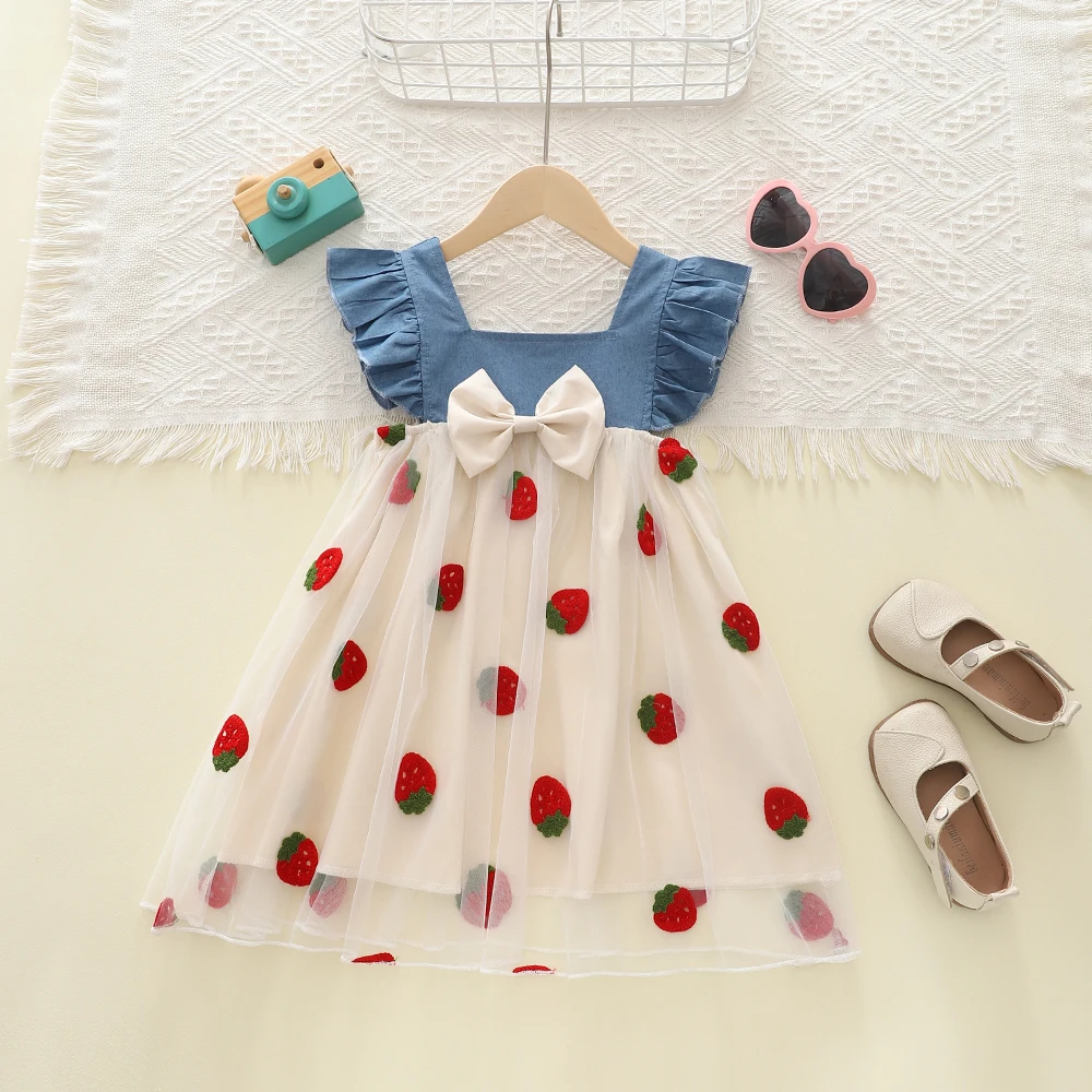 

Summer Girl's Dress Strawberry Embroidery Bow Denim and mesh patchwork Fashion Princess Dress Children Clothing For 2-6Y Girls