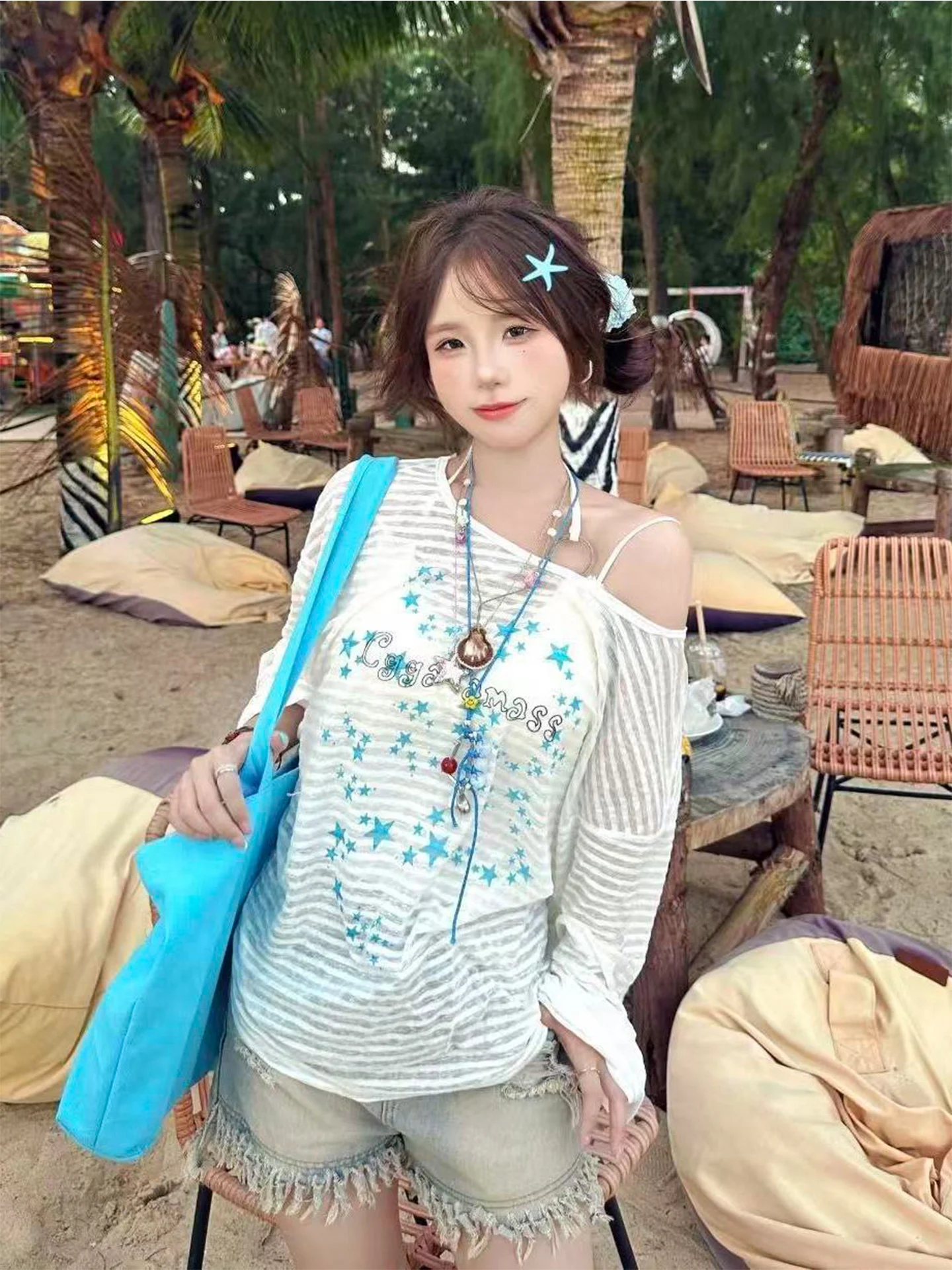 American Style Striped Shoulder Bared Long Sleeve T Shirt Women's Slimming Summer Heat Protection Cover up Casual Loose Fit