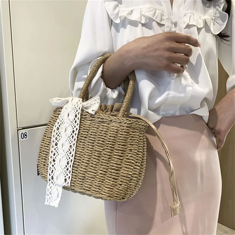 Women Straw Woven Drawstring Handbag Girls Solid Color Holiday Purse Crossbody Beach Bags Summer Rattan Tote view 3