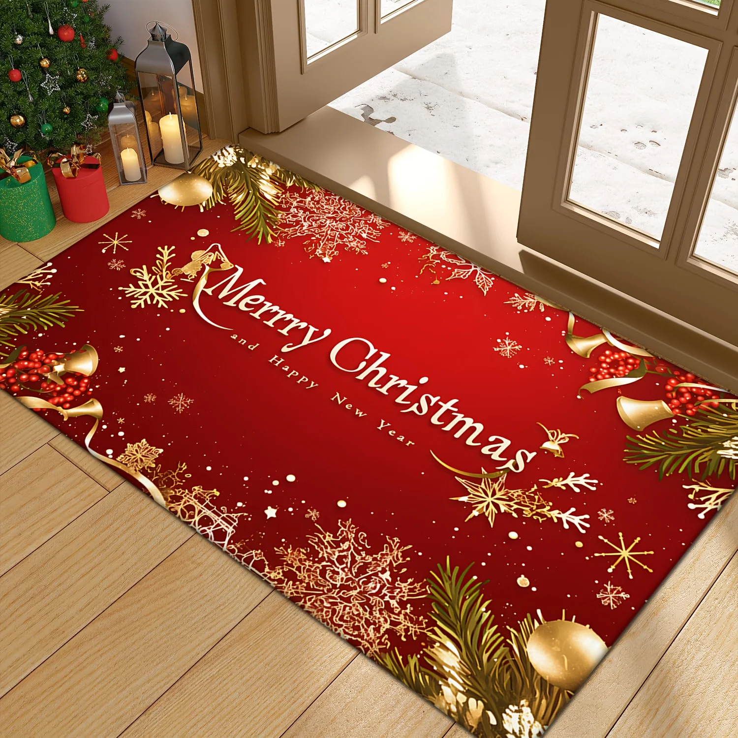 Red Christmas Door Mats with Golden Blessings Anti-Slip Flannel Rugs for Holiday Home Decoration in Living Room Bedroom Bathroom