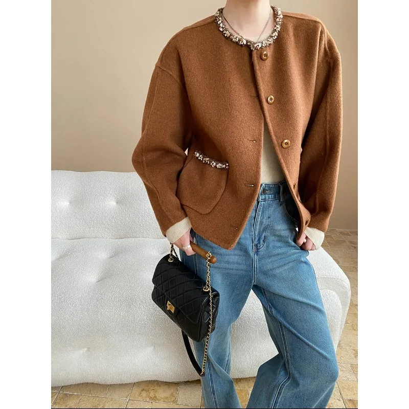 

Elegant Wool Blended Double-sided Fragrant Coat Women Autumn Winter Fashion Sweet Warm French Black White Tweed Short Coat