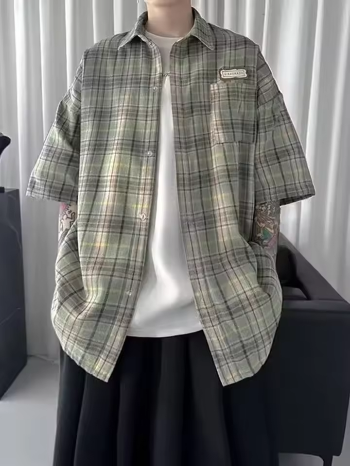 Chemise d'été Vintage à manches courtes pour hommes, ample, avec des Appliques, Polos à revers, à carreaux, avec poches, nouvelle collection 2024