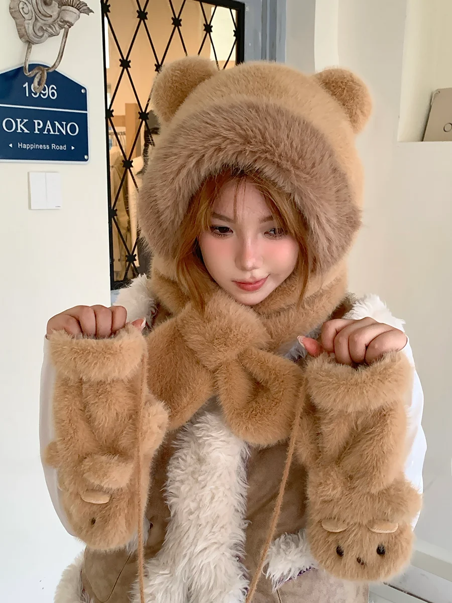 kelusi-original-design-cute-bear-cartoon-scarf-hat-set-for-women-autumn-winter-two-piece-ensemble-polyester-fiber