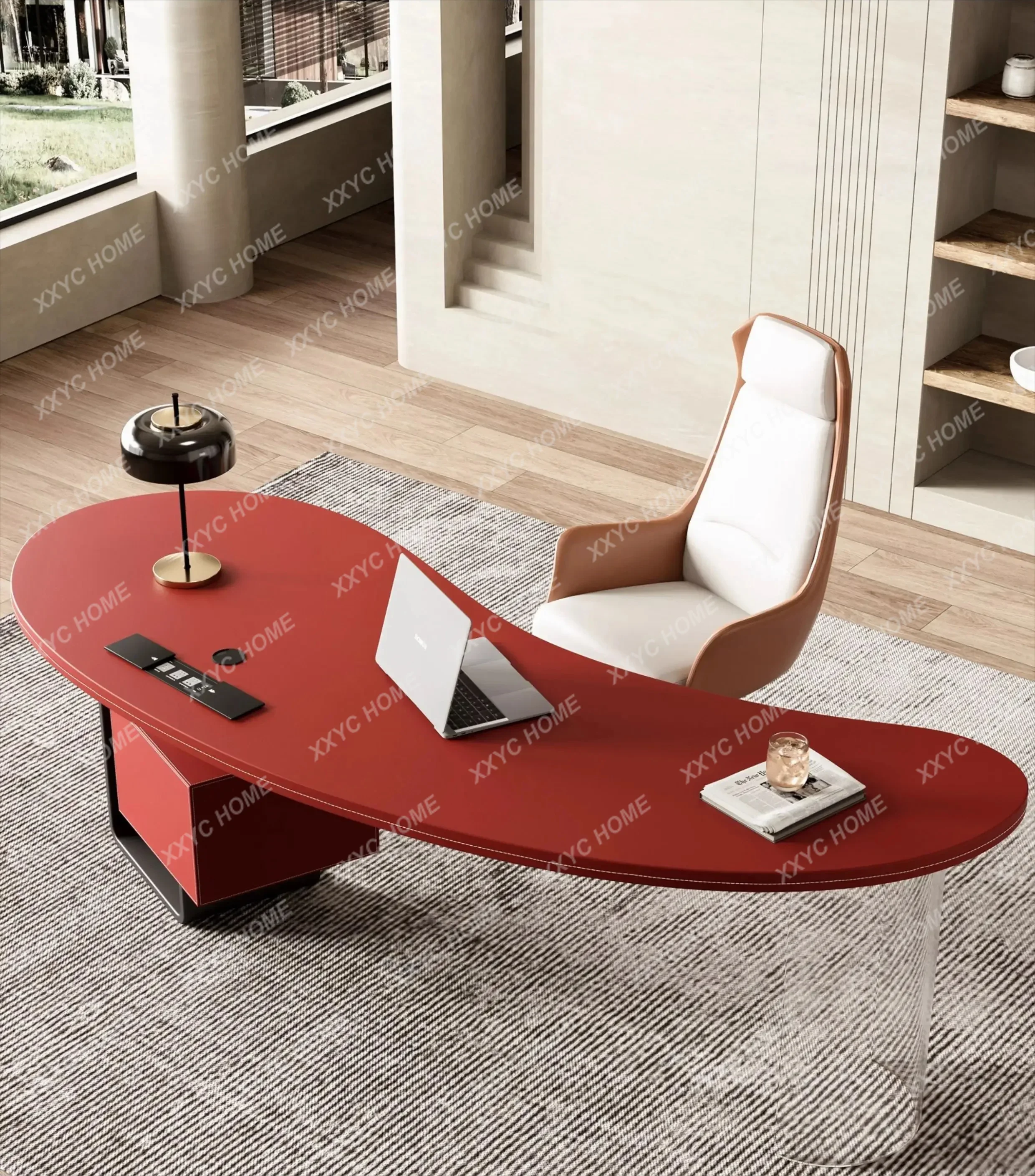 

Saddle leather desk light luxury modern boss table modern simplicity high sense