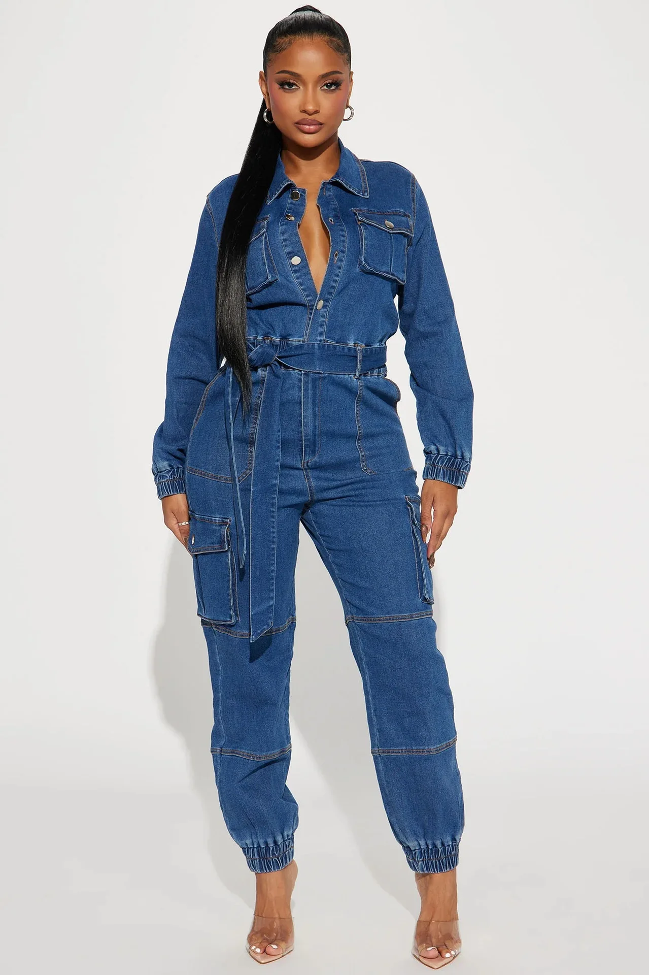 Women Jumpsuit Autumn Winter Fashion Slim Tight Waist Elastic Denim Overalls Romper Lady Casual Pocket Belt Cargo Jeans Jumpsuit