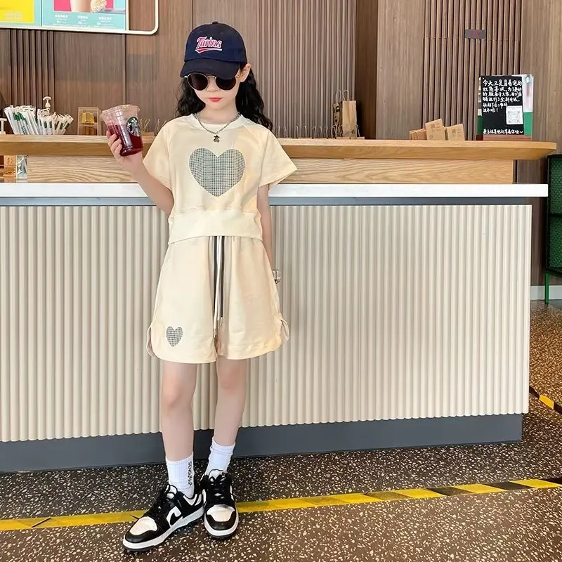 Summer Girls Clothes Suit for Kids Short Sleeve T-shirt + Loose Shorts Two-piece Set Children Cute Clothing 5 6 8 10 12 14 Years