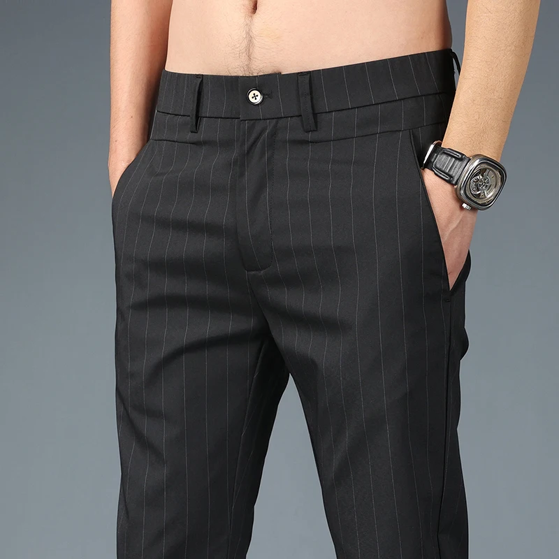 Moda listrado primavera verão fino calças casuais dos homens fino em linha reta clássico terno de negócios calças masculinas estiramento aconchegante calças coreanas