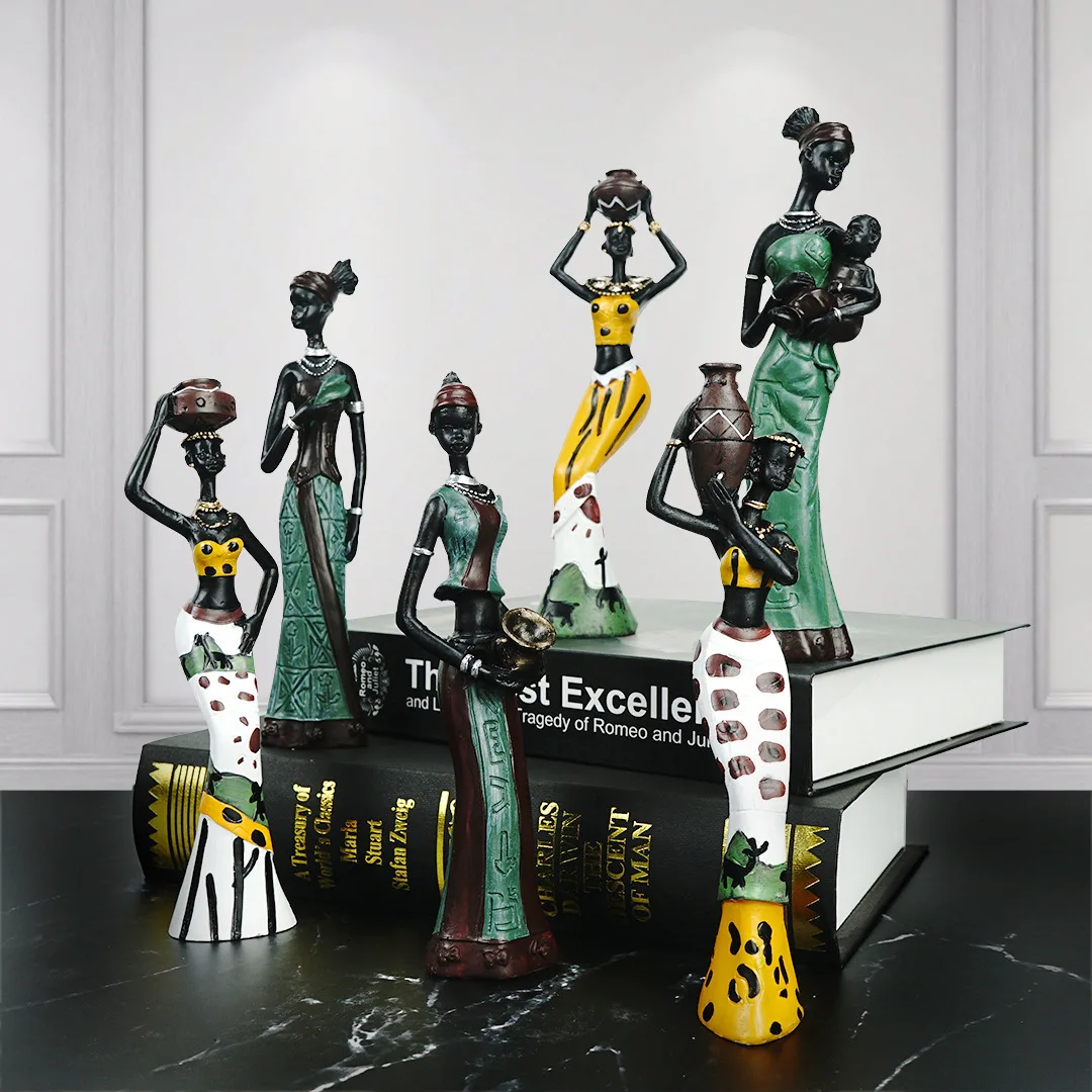 Retro African Black Woman Resin Sculpture Vintage Handicraft Figurine Art Ornament Home Shelf Decoration Friendship Gift