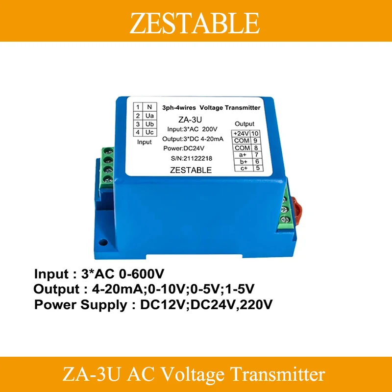 ZA-3U Three Phase 4-wires Voltage Sensor AC 0-600V Voltage Transmitter Transducer 4-20mA Output DC12V 24V 220V Power Supply