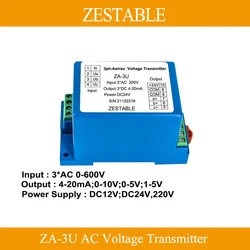 ZA-3U-Sensor de voltaje trifásico de 4 cables, transmisor, transductor, salida de 4-20mA, fuente de alimentación DC12V 24V 600V, CA 0-220V