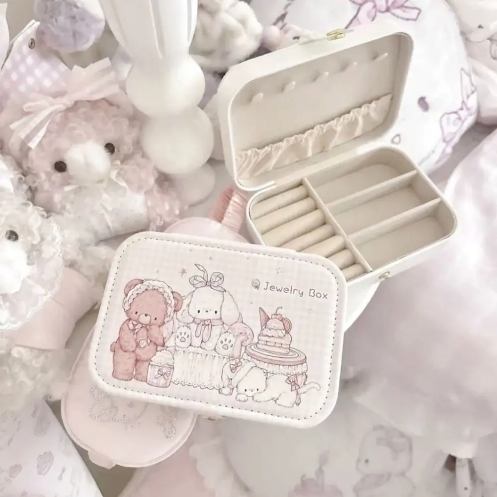 Cartoon Rabbit Cat Jewelry Storage Box Velvet Lining With Dividers Jewelry Travel Case PU Leather Organizer Box For Home Storage