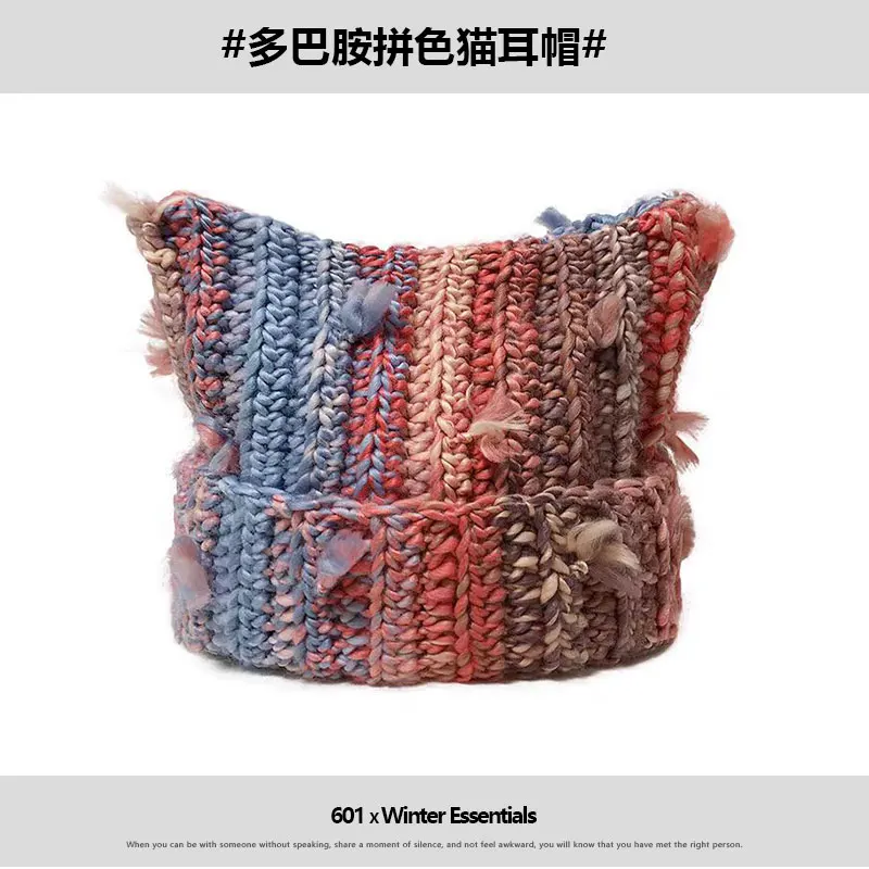 Japanese Sweet Cute Cat Ears Mixed Color Fringed Handmade Wool Hat Women Winter Warm Ear Protection Plush Knitted Beanie Hat — zdjęcie 4