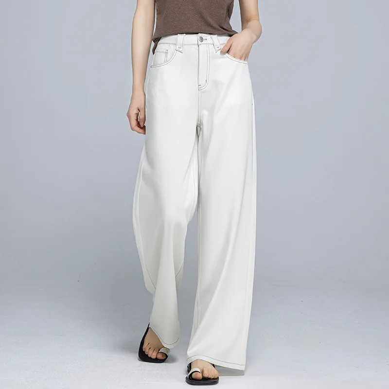 

Slimming High Waist Wide Leg Jeans Straight Cut Lightweight Cool Feeling Linen Elastic Waist Loose Fit Summer Jeans