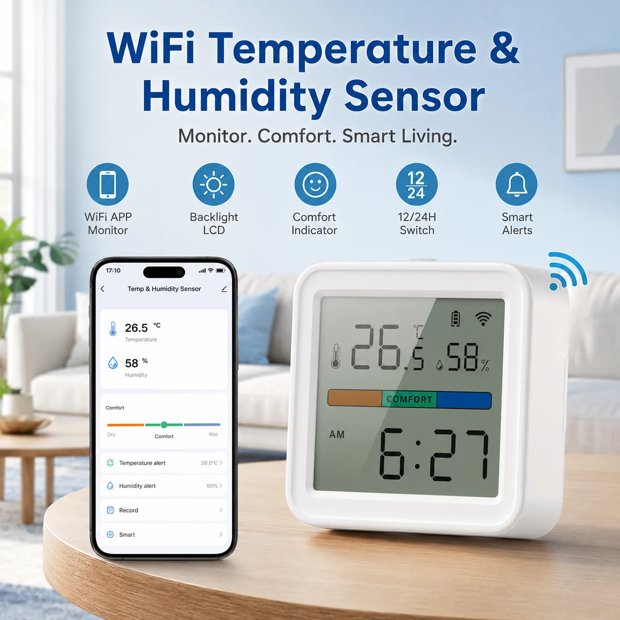 WiFi Temperature Humidity Sensor LCD Digital Thermometer Hygrometer Backlight App Remote Monitor Smart Home Alexa Google