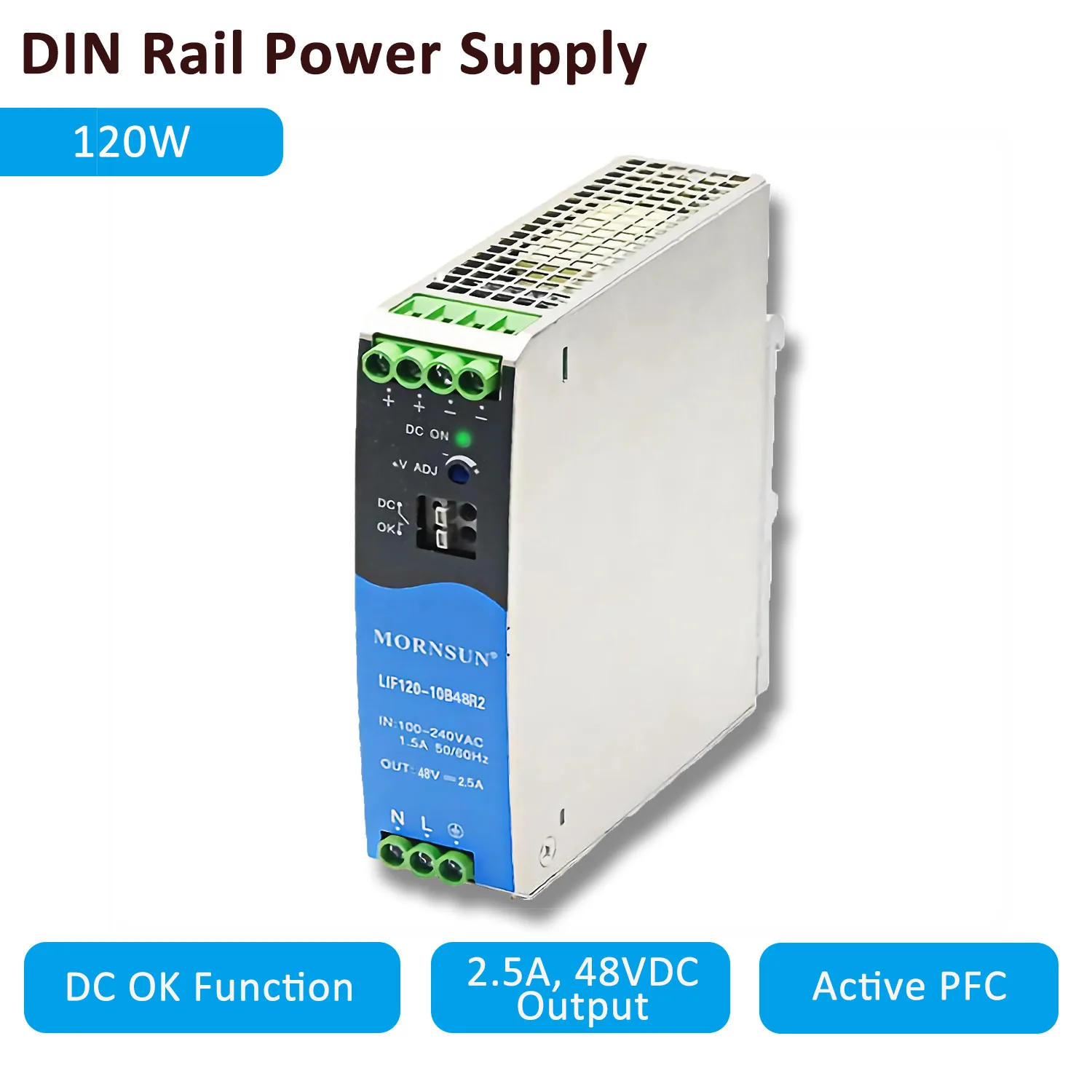 120W DIN Rail Power Supply with DC OK Function and Active PFC, 2.5A, 48VDC Output