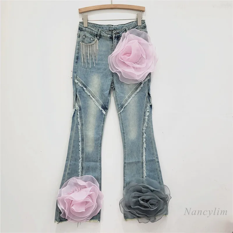 

European and American Style 2024 Autumn New Retro Stretch Flower Design Slimming High Waist Mop Horn Denim Trousers Jeans