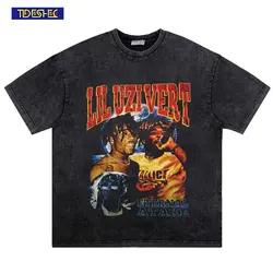 TIDESHEC Mens T-shirt Streetwear Vintage Washed Lil Uzi Vert Graphics T-shirt Cotton Casual Oversized Tee Top 2023 Summer