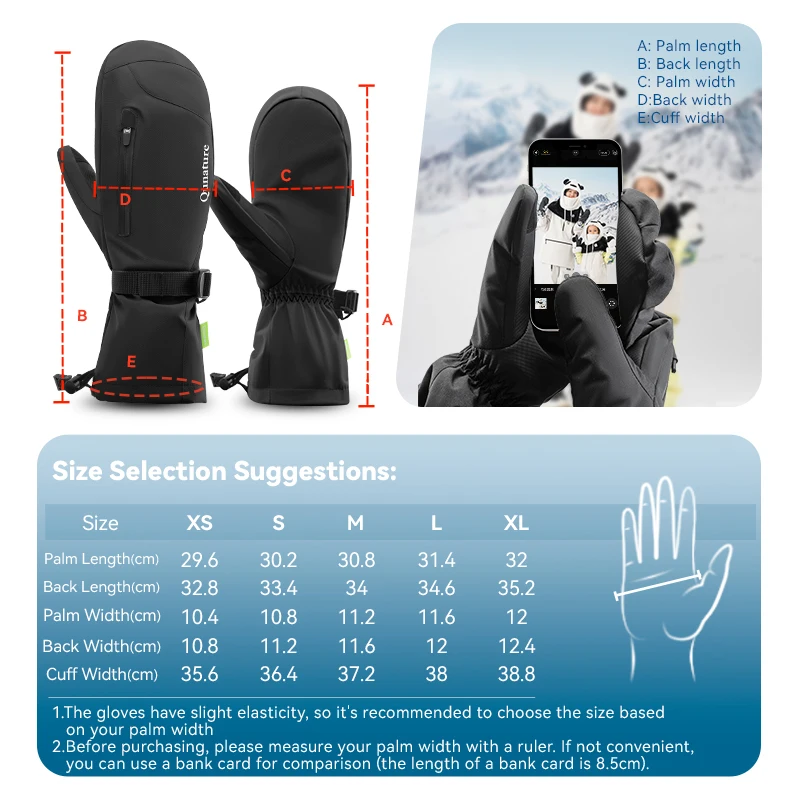 Qunature 겨울 따뜻한 스키 장갑 남성 여성 스크린 터치 전체 손가락 장갑 열 양털 아이스 스케이트 스노우 보드 장갑