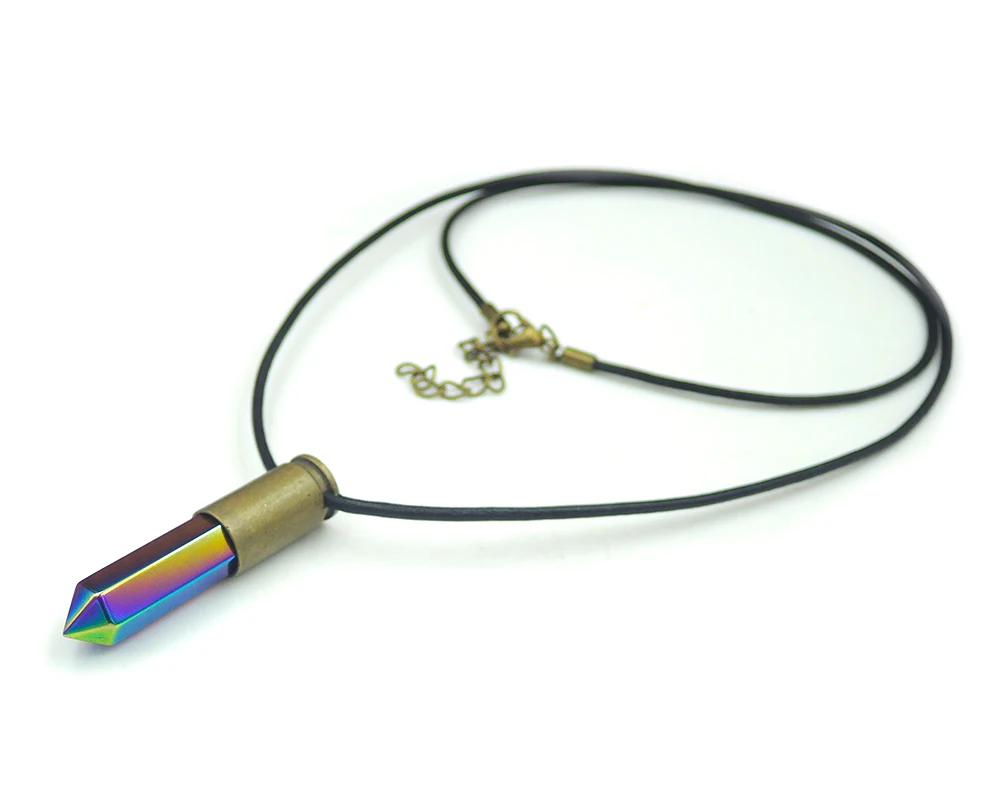 Titanium Coated Rainbow Hematite Hexagon Pillar Point Glued Bullet Shell Leather Cord Pendant Necklace