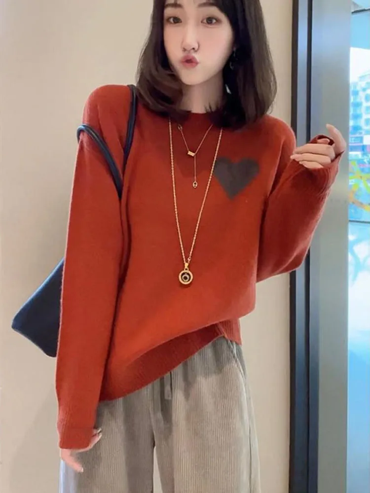 Patrón de amor impreso largo Sve suéter de punto de lana suave suelto Casual Otoño Invierno Anti-envejecimiento Quali Base irt Mujer F...